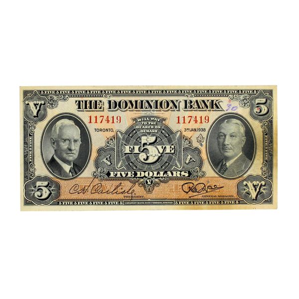 220-38-02 1938 $10 Dominion Bank VF Carlisle-Rae SN: 117419
