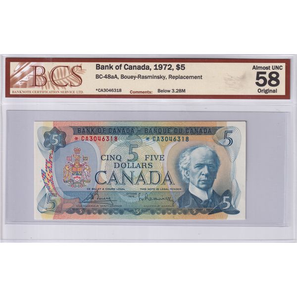BC-48aA 1972 $5 BCS AU58 Original Bouey-Rasminsky Replacement SN: *CA3046318