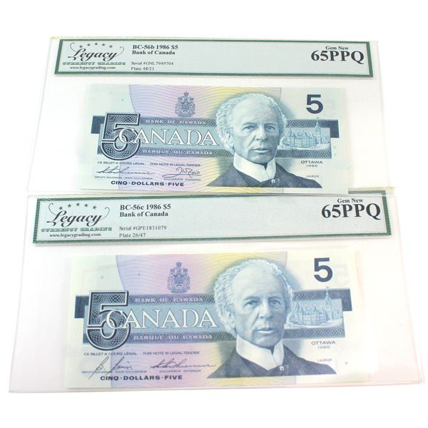 BC-56b & BC-56c 1986 $5 Legacy GEM BU65 PPQ. 2pcs. 