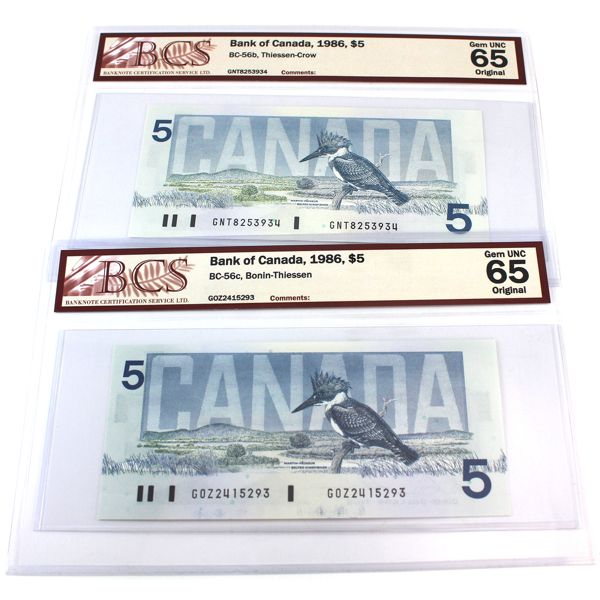 BC-56b & BC56c 1986 $5 BCS GEM UNC Original. 2pcs.