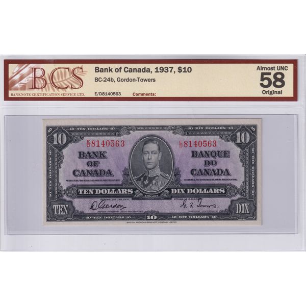 BC-24b 1937 $10 BCS AU58 Original Gordon-Towers SN: E/D8140563