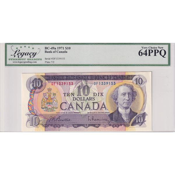 BC-49a 1971 $10 Legacy CUNC64 PPQ Beattie-Rasminsky SN: DF1339153