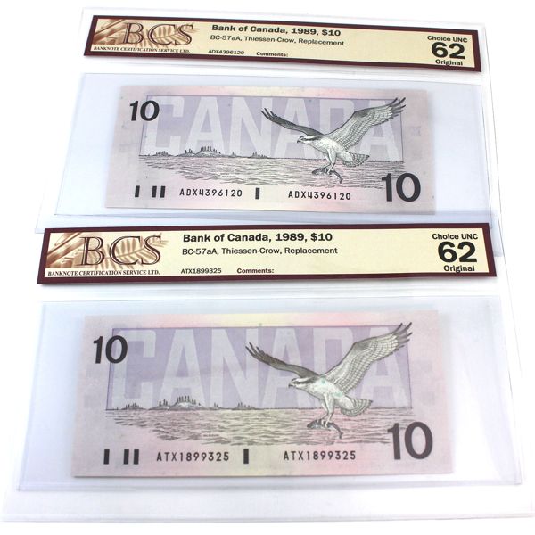 BC-57aA 1989 $10 BCS CUNC62 Original Thiessen-Crow Replacement SN: ADX4396120 & ATX1899325. 2pcs