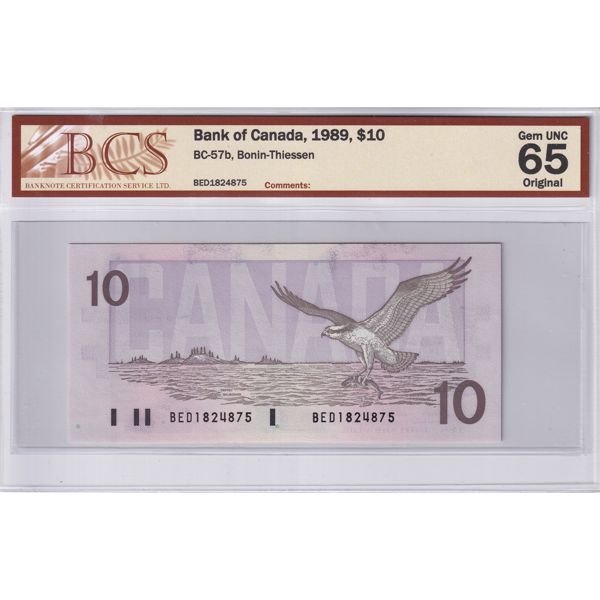 BC-57b 1989 $10 BCS GEM UNC65 Original Bonin-Thiessen SN: BED1824875