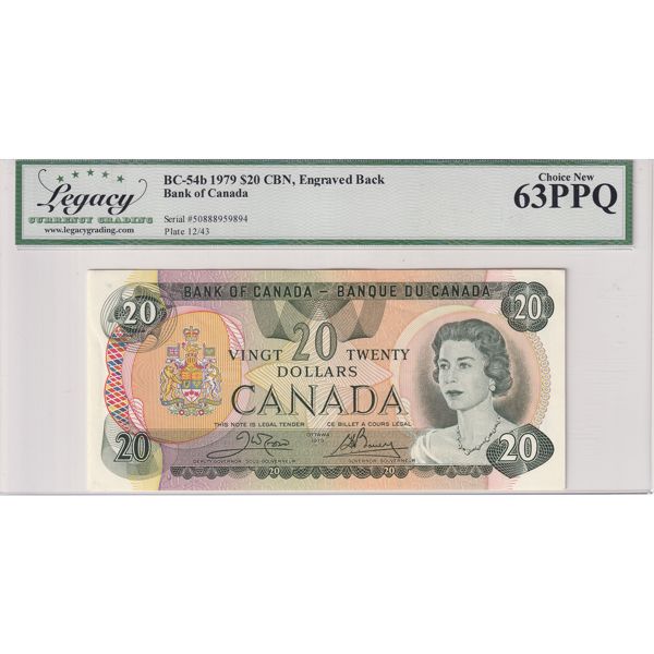 BC-54b 1979 $20 Legacy UNC63 PPQ Crow-Bouey CBN, Engraved Back SN: 50888959894