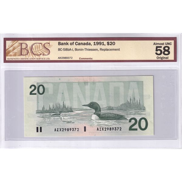BC-58bA-i 1991 $20 BCS AU58 Original Bonin-Thiessen Replacement SN: AIX2989372