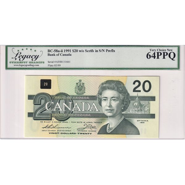 BC-58a-ii 1991 $20 Legacy CUNC64 PPQ Thiessen-Crow w/o Serifs in S/N Prefix SN: AIH8131661