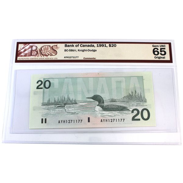 BC-58d-i 1991 $20 BCS GEM UNC 65 Original Knight-Dodge SN: AYH1271177 