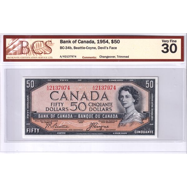 BC-34b 1954 $50 Devil's Face BCS VF30 Beattie-Coyne, Changeover Trimmed SN: A/H2137974 