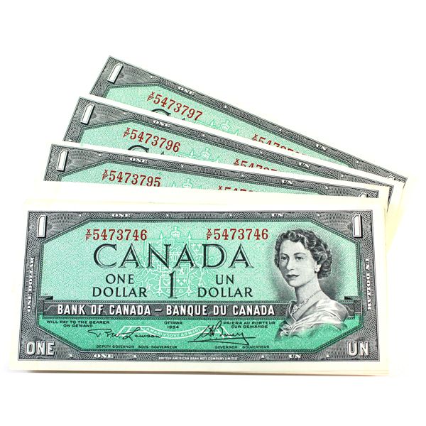 52x BC-37dA 1954 $1 Modified Portrait Lawson-Bouey Notes In Sequence. 52pcs. 