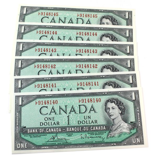 6x BC-37c 1954 $1 Modified Portrait Bouey-Rasminsky Notes In Sequence. 6pcs. 
