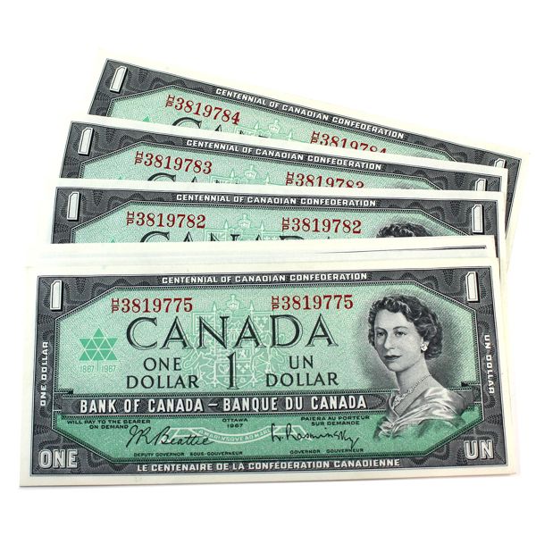 10x BC-45b-i 1967 $1 Centennial Issue Beattie-Rasminsky Notes In Sequence. 10pcs. 