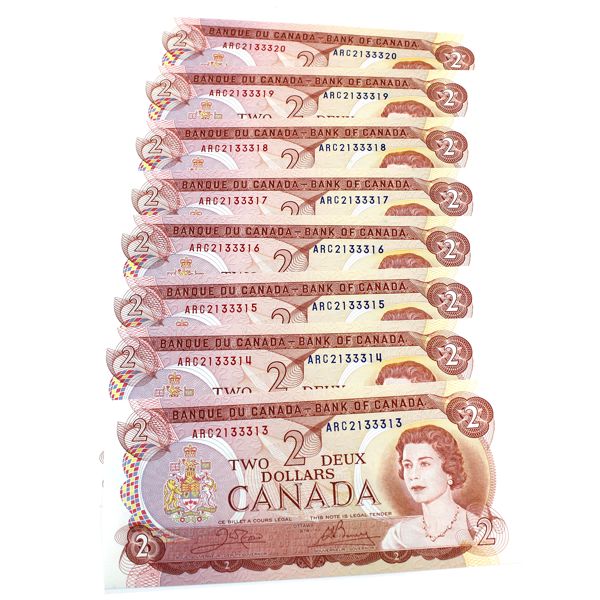 8x BC-47b 1974 $2 Crow-Bouey Notes In Sequence SN: ARC2133313 to ARC2133320. 8pcs. 