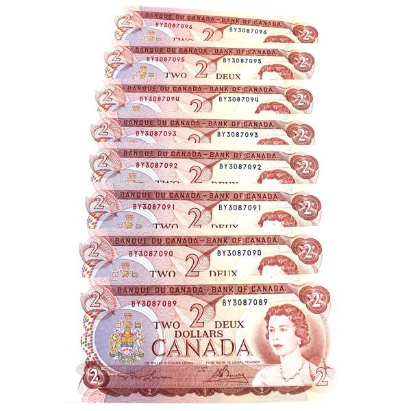 7x BC-47a $2 Lawson-Bouey Notes In Sequence SN: BY3087089 to BY3087096. 7pcs. 
