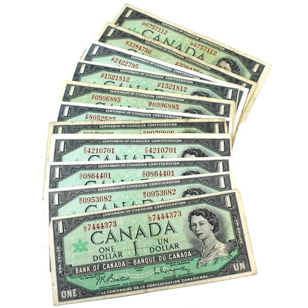 12 x $1.00 notes from 1967 with 12 Different Prefixes Beattie-Rasminsky