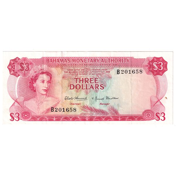Bahamas 1968 Pick-28a Bahamas Monetary Authority $3 EF SN: B201658 