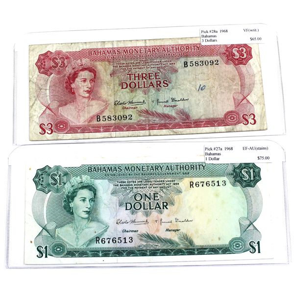 Bahamas 1968 Bahamas Monetary Authority $1 & $3 VF to EF-AU 2pcs.
