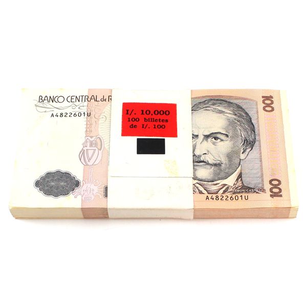  Bundle of 100x Peru 1987 100 Cien Intis Banknotes. 100pcs.