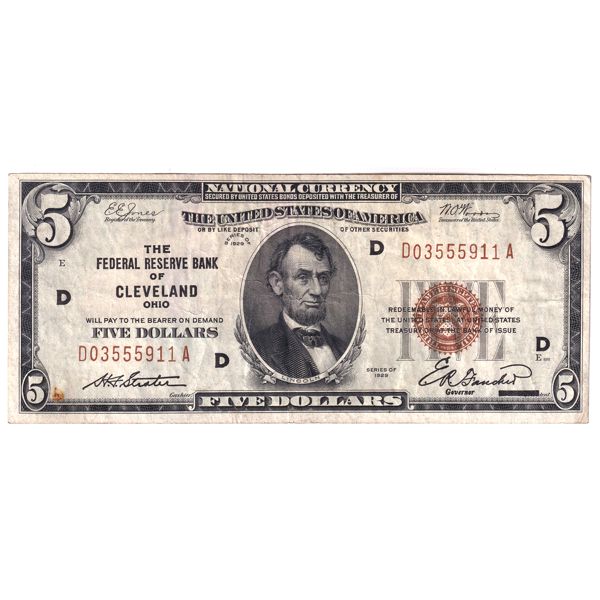 USA 1929 FR-1850D Bank of Cleveland, Ohio $5 VF-EF SN: D03555911A 