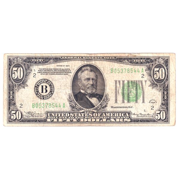 USA 1934 Bank of New York $50 SN: B05378544A 