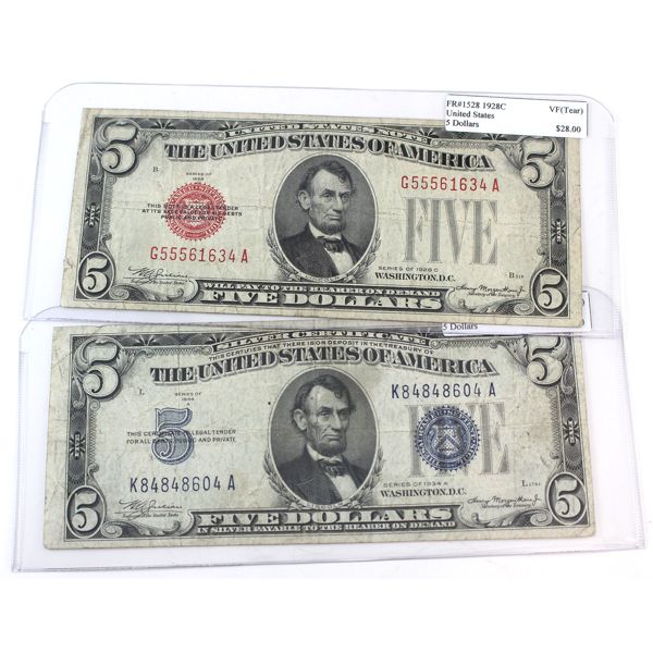 USA 1928C & 1934A $5 VF. 2pcs. 