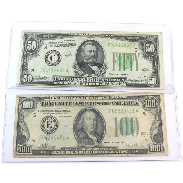 USA 1934 $50 SN: C01419864A (writing) & $100 SN: E06380451A (ink stamped). 2pcs. 