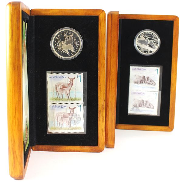 2005 $5 Fine Silver Coin and Stamp Sets. 2pcs. (Tax Exempt)