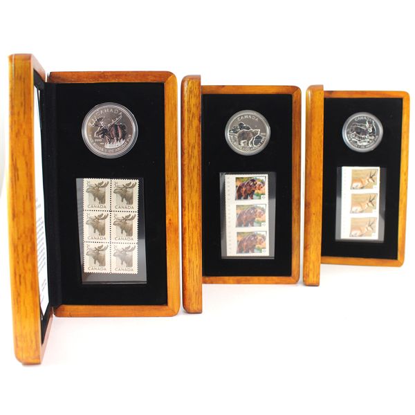2011-2013 $5 Fine Silver Coin and Stamp Sets. Wildlife Series. 3pcs. (Tax Exempt)