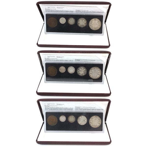 1917, 1918 & 1919 5-coin Year Sets in Burgundy Display Cases. 3pcs