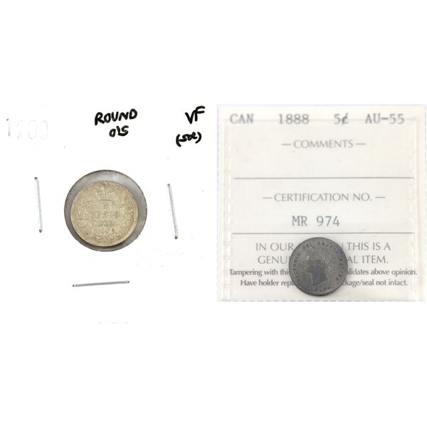 5-cent 1888 ICCS AU55 & 1900 Round O's VF20 (scratched). 2pcs.