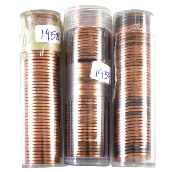 1-cent 1958, 1959 & 1963 Hanging 1-Cent Solid Date Rolls. 3 Rolls.