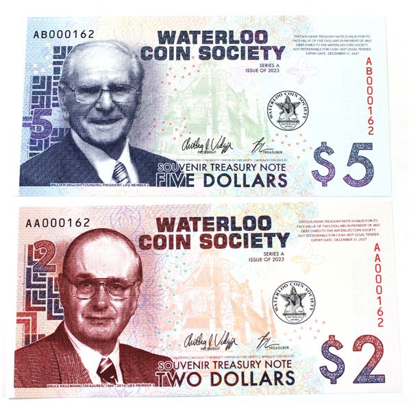 Waterloo Coin Society 2023 $2 AA000162 & $5 AB000162 Souvenir Treasury Notes Verbruggen-Mackie