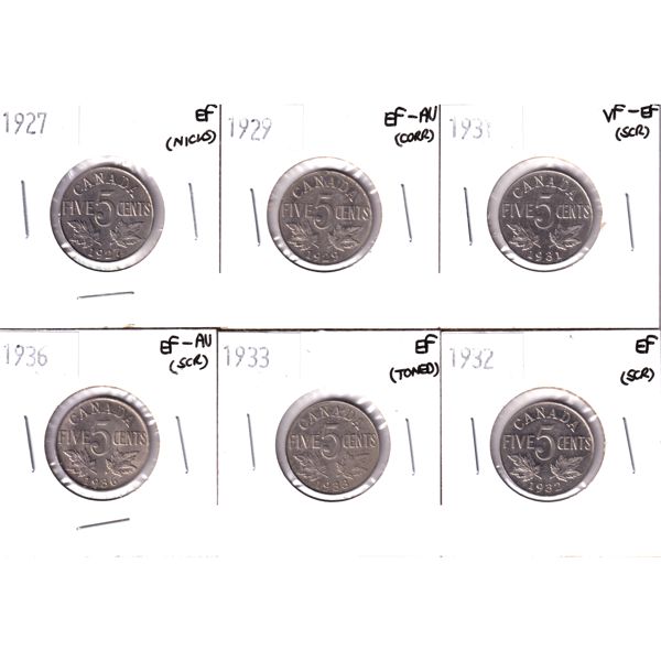 5-cent 1927-1936 VF-EF to EF-AU. 6pcs.