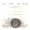 Image 1 : 10-cent 1936 ICCS MS64 