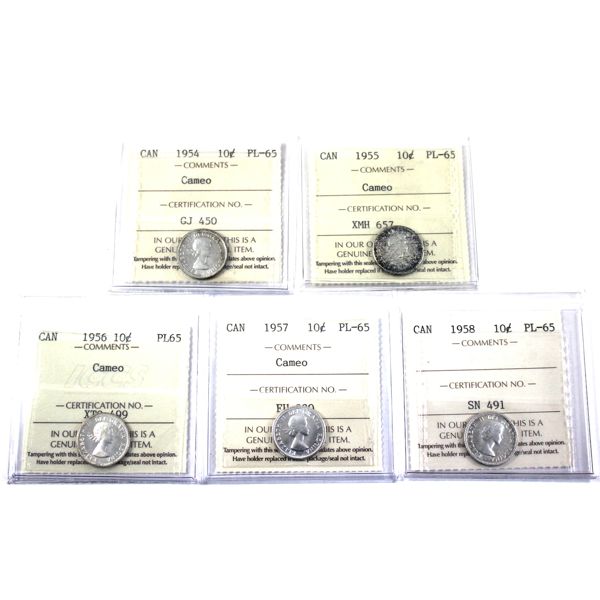 10-cent 1954, 1955, 1956, 1957 & 1958 ICCS PL65 All Cameo Except 1958. 5pcs