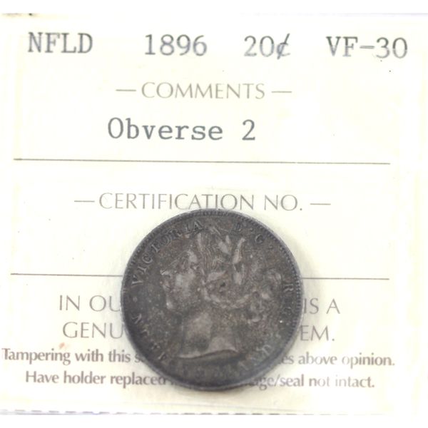 Newfoundland 20-cent 1896 Obverse 2; Small 96 ICCS VF-30 