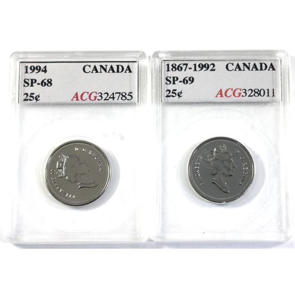 25-cent 1867-1992 Commemorative SP69 & 1994 SP68. Both Are ACG Certified. 2pcs.