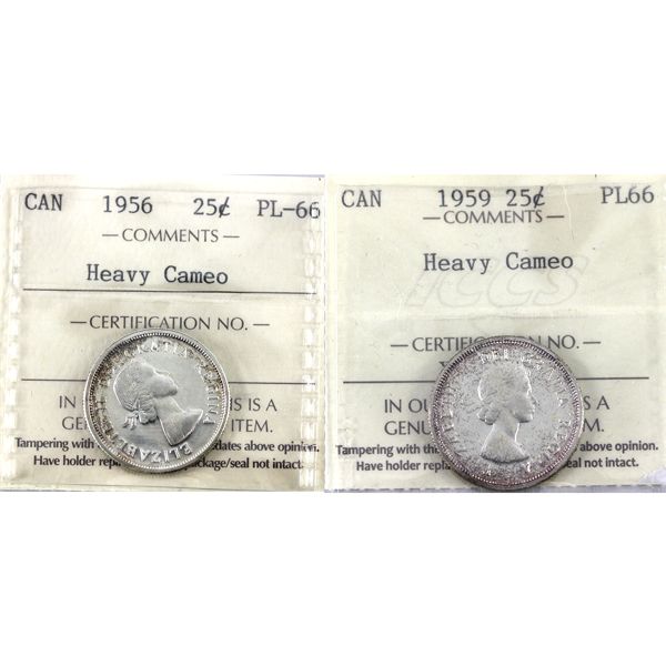 25-cent 1956 & 1959. ICCS PL66 Heavy Cameo. 2pcs