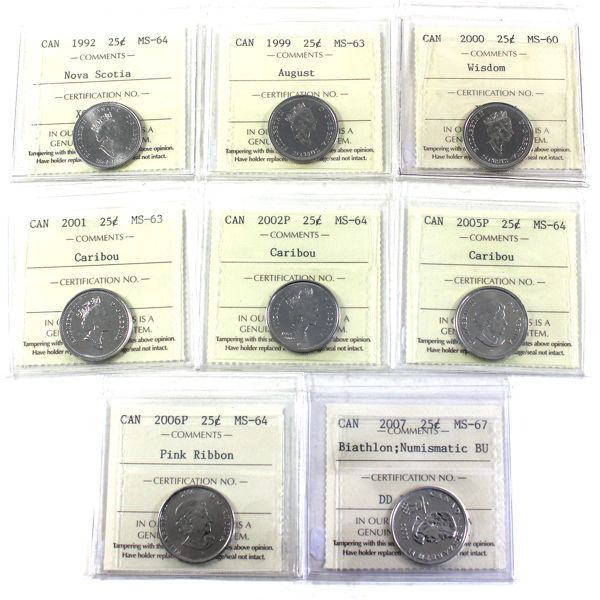 25-cent 1992-2007 ICCS MS60 to MS67. 8pcs. 