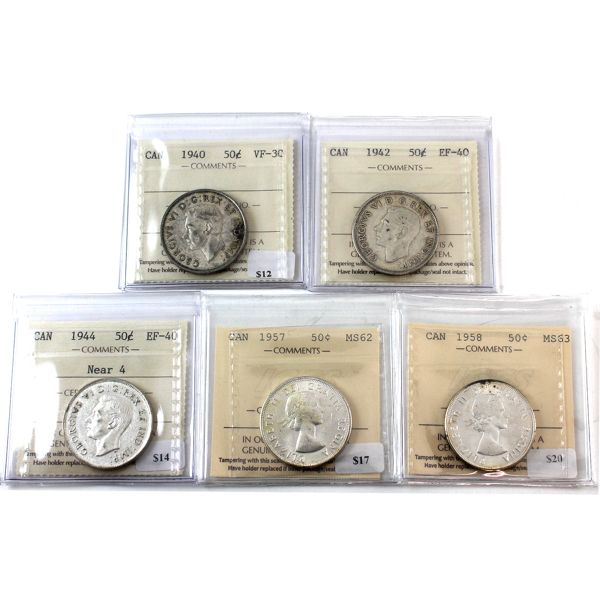 50-cent 1940-1958 ICCS VF30 to MS63. 5pcs. 