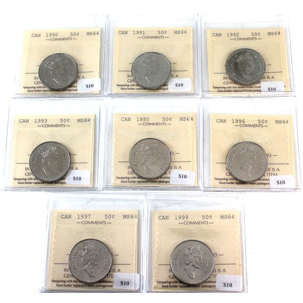 50-cent 1990-1999 ICCS MS64. 8pcs. 
