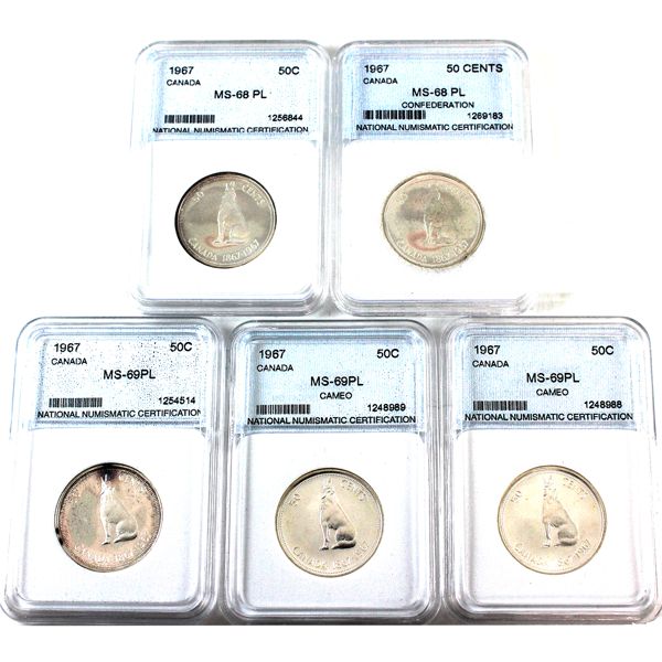 50-cent 1967 NNC MS68 PL to MS69 PL. 5pcs. 