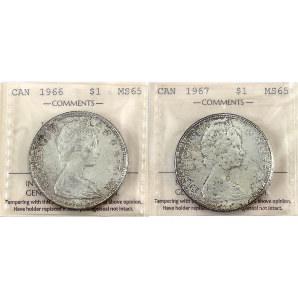 Silver $1 1966 Large Beads & 1967 ICCS MS65. 2pcs.
