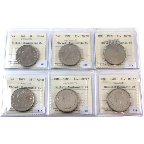 Nickel $1 1981-1986 Numismatic BU ICCS MS66 to MS67. 6pcs. 