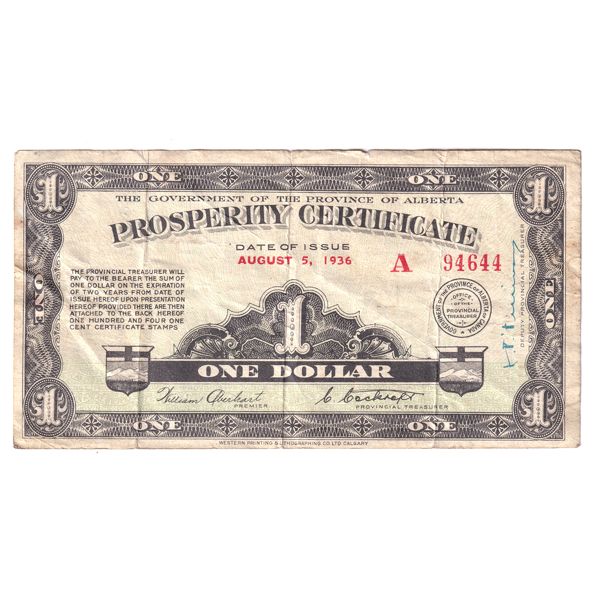 Alberta 1936 A-1 $1 VF-EF Aberhart-Cockroft SN: A94644  (Damaged)