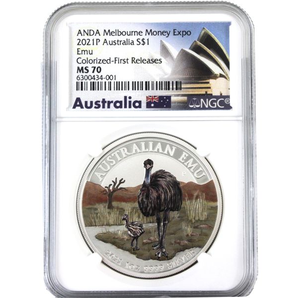 Australia Silver 2021P $1 Emu NGC MS70 *Colorized-First Releases* (Tax Exempt)
