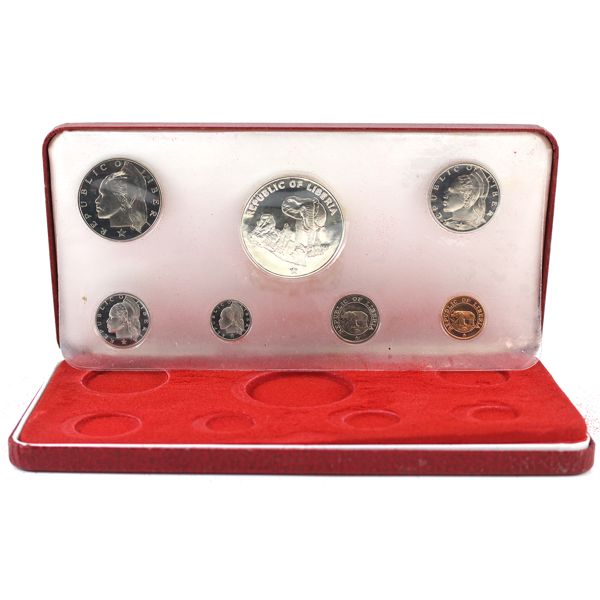 Liberia 1975 7 Coin Proof Set With $5 Sterling Silver Coin in Original Display Case & Packaging.