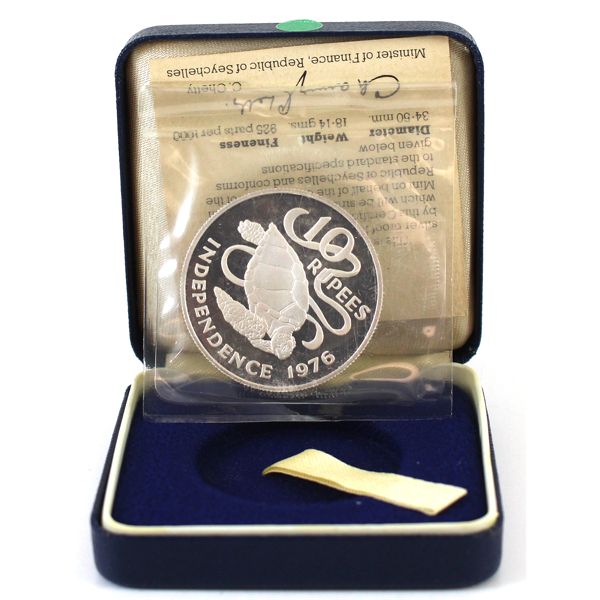 Seychelles Silver 1976 10 Rupee Independence Turtle With COA.