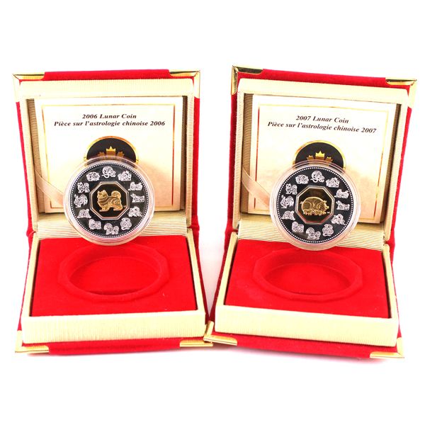 2006 $15 Year of the Dog & 2007 $15 Year of the Pig Sterling Silver & Gold Plated Cameo Coins. 2pcs