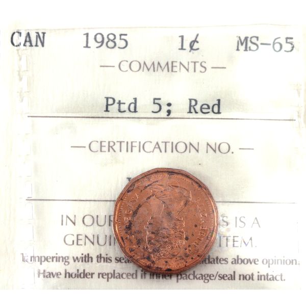 1-cent 1985 Ptd 5 ICCS MS65 Red